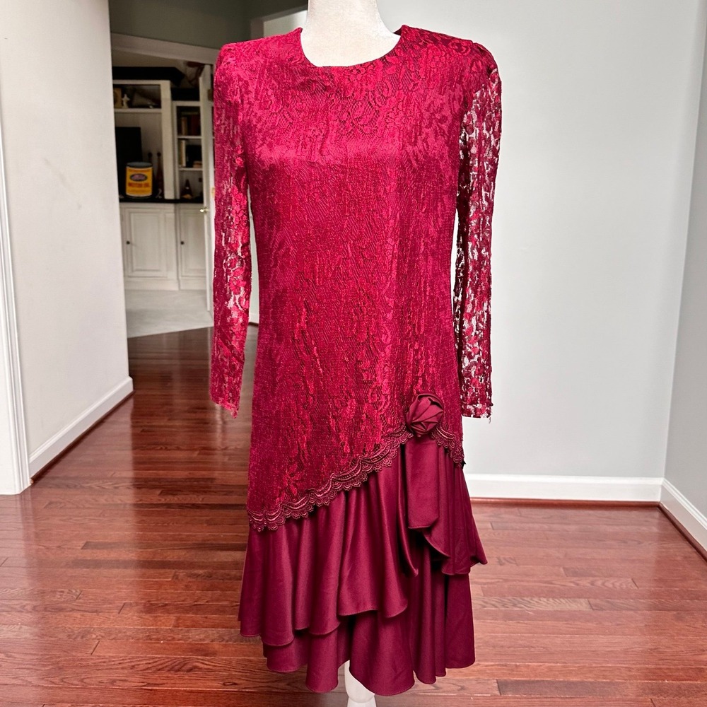 Made in USA Vintage Y2K David Rose Layered Red Lace Long Sleeve Cocktail Dress